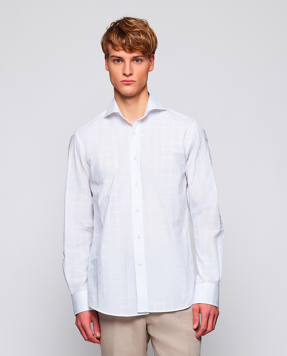 Imagem 0 de Camisa Casual de Manga Comprida aos Quadrados em Relevo