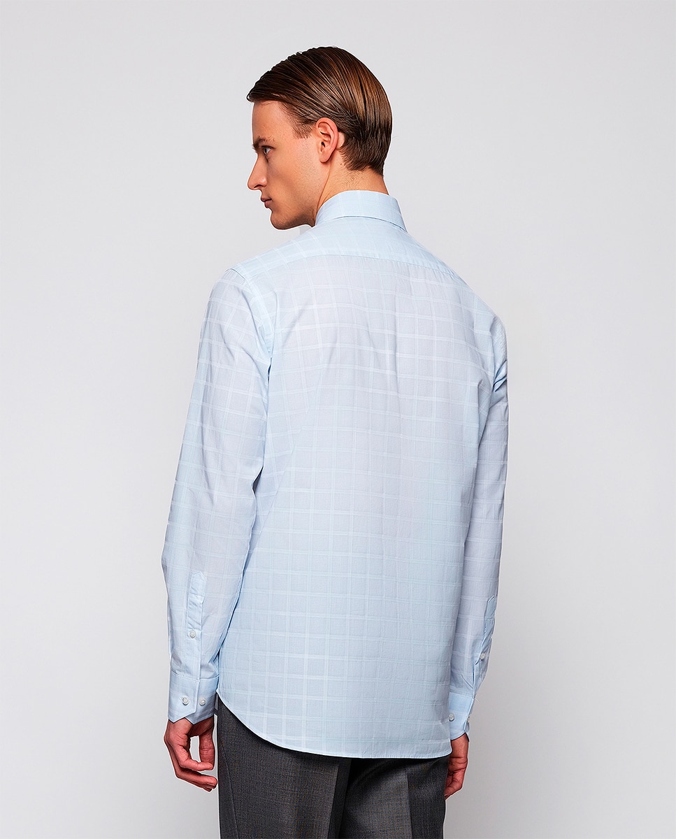 Camisa Casual de Manga Comprida aos Quadrados em Relevo Azul-claro-2