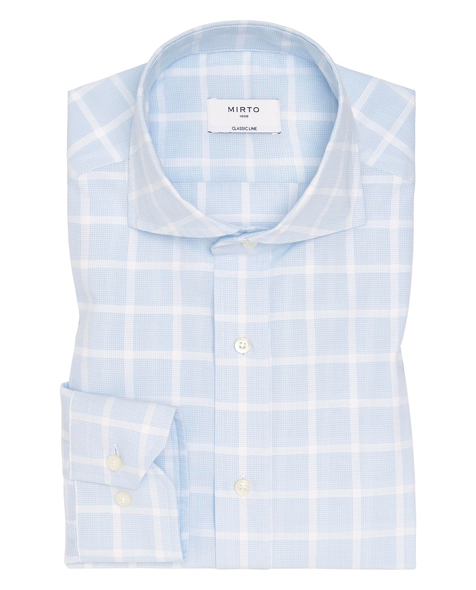 Camisa Casual de Manga Comprida aos Quadrados em Relevo Azul-claro-3