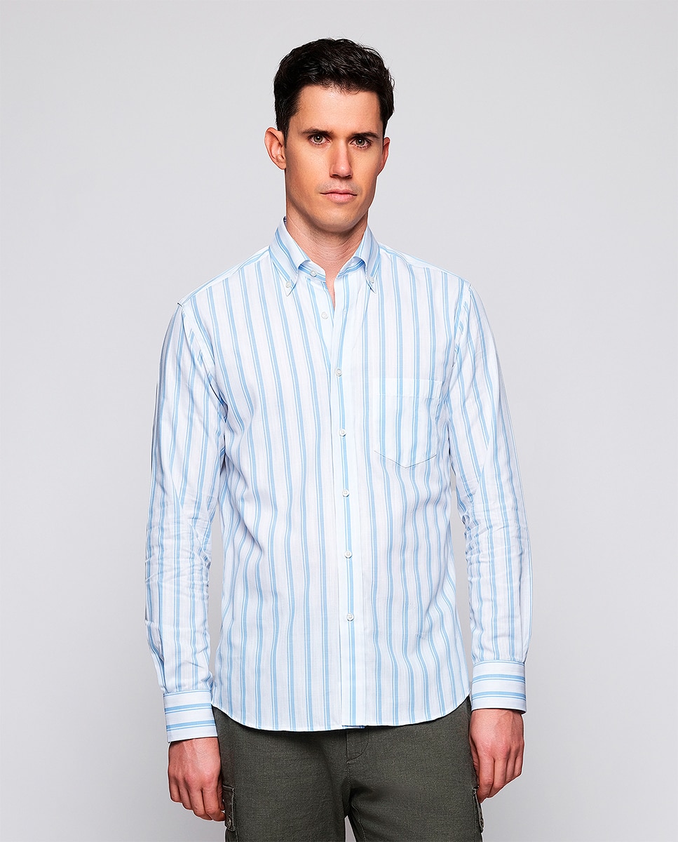 Camisa Casual às Riscas com Manga Comprida Azul-claro-1