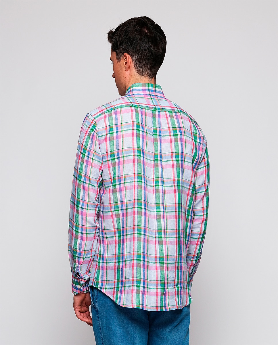 Camisa Casual de Manga Comprida e aos Quadrados Rosa-2