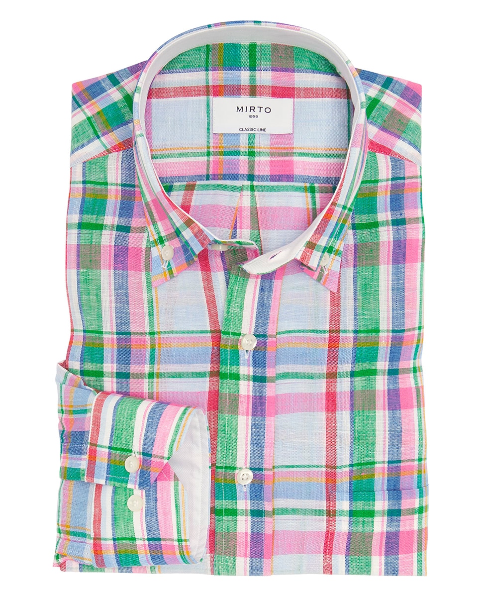 Camisa Casual de Manga Comprida e aos Quadrados Rosa-3