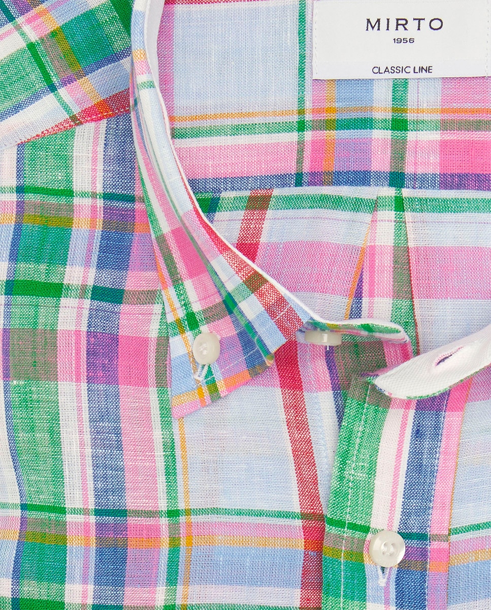 Camisa Casual de Manga Comprida e aos Quadrados Rosa-4