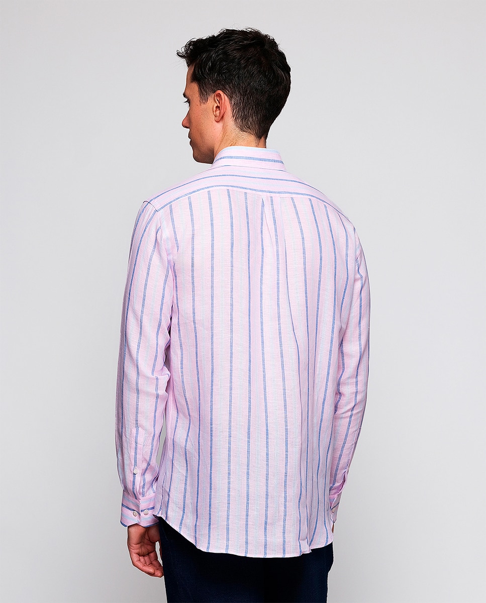 Camisa Casual às Riscas com Manga Comprida Rosa-2