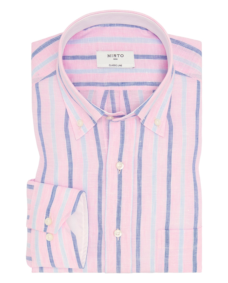 Camisa Casual às Riscas com Manga Comprida Rosa-3