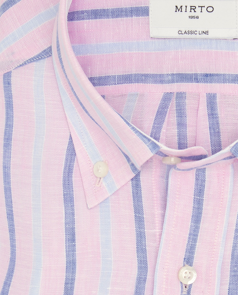 Camisa Casual às Riscas com Manga Comprida Rosa-4