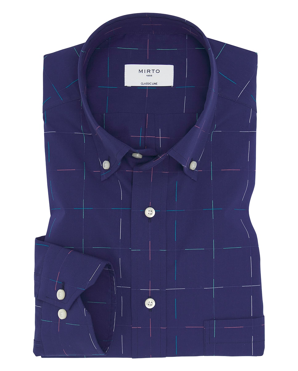 Camisa Casual de Manga Comprida aos Quadrados Azul-marinho-3