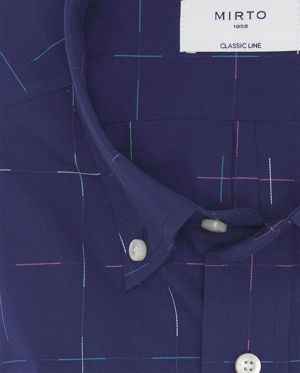 Camisa Casual de Manga Comprida aos Quadrados Azul-marinho-4