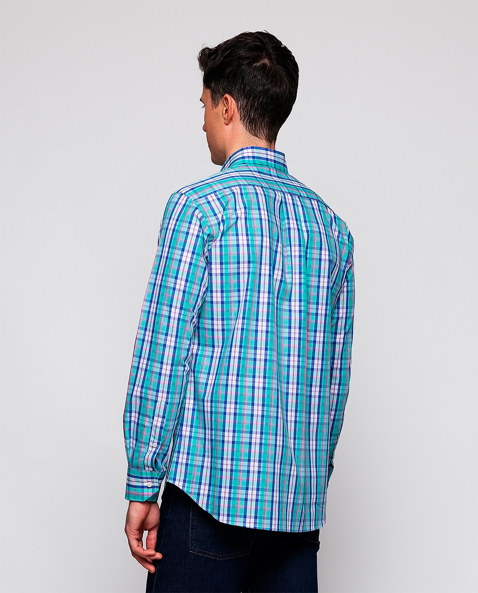 Camisa Casual de Manga Comprida aos Quadrados Azul-2