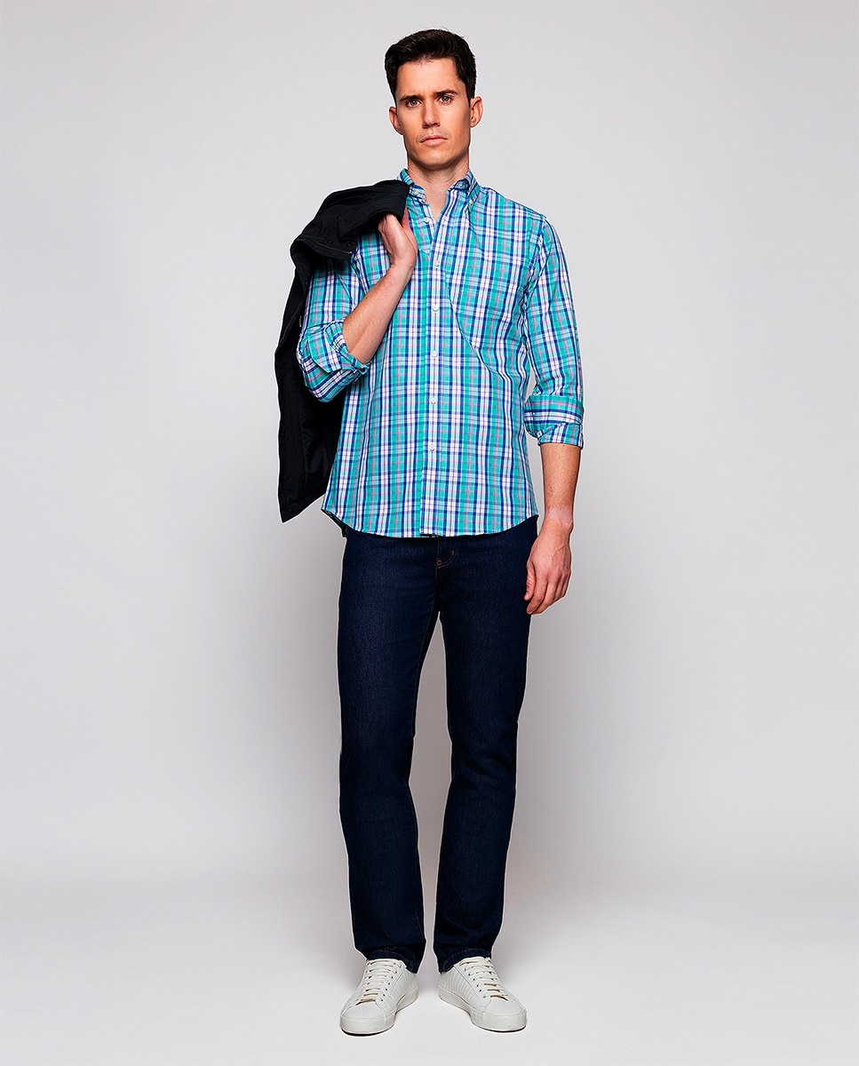 Camisa Casual de Manga Comprida aos Quadrados Azul-5