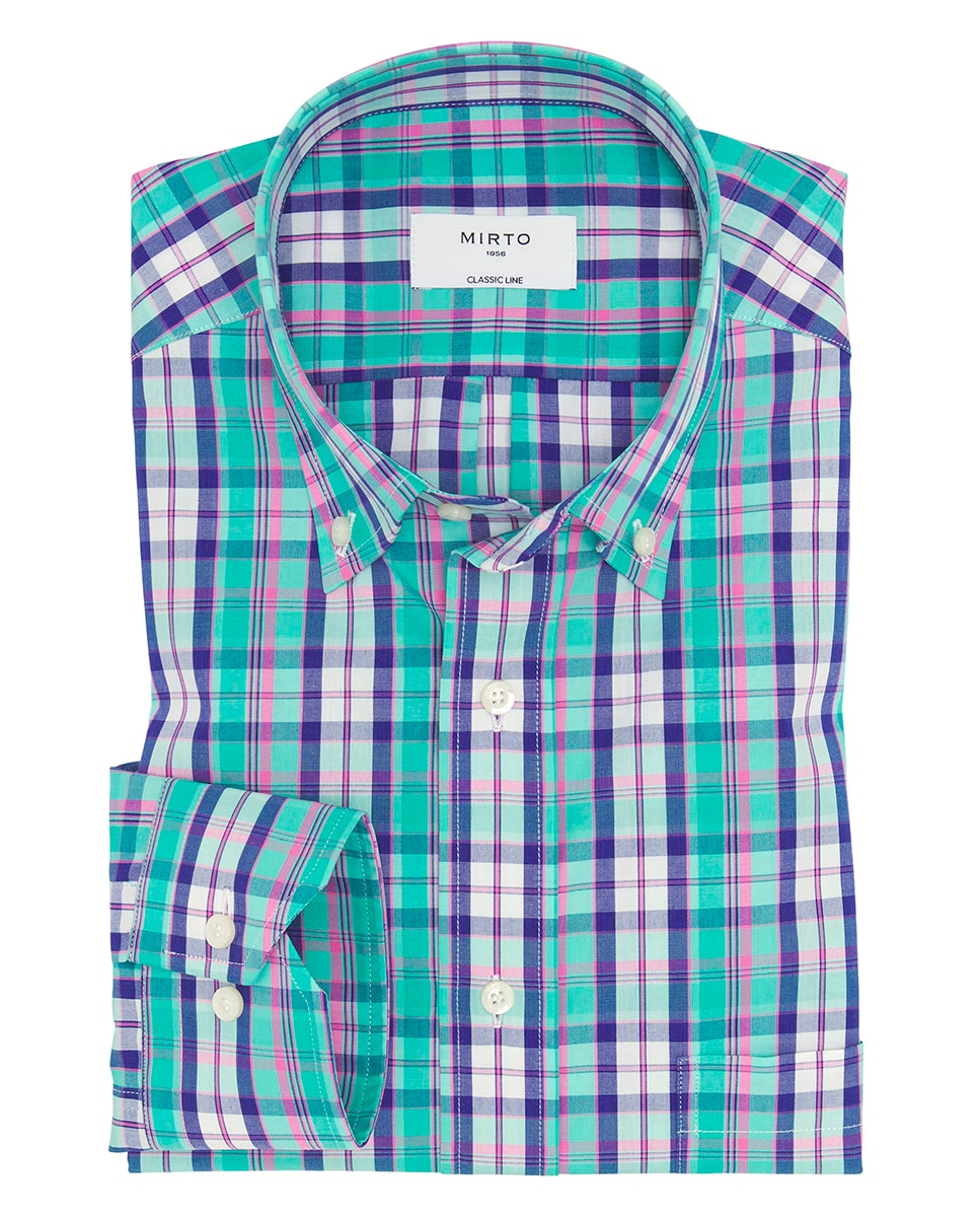 Camisa Casual de Manga Comprida aos Quadrados Azul-3