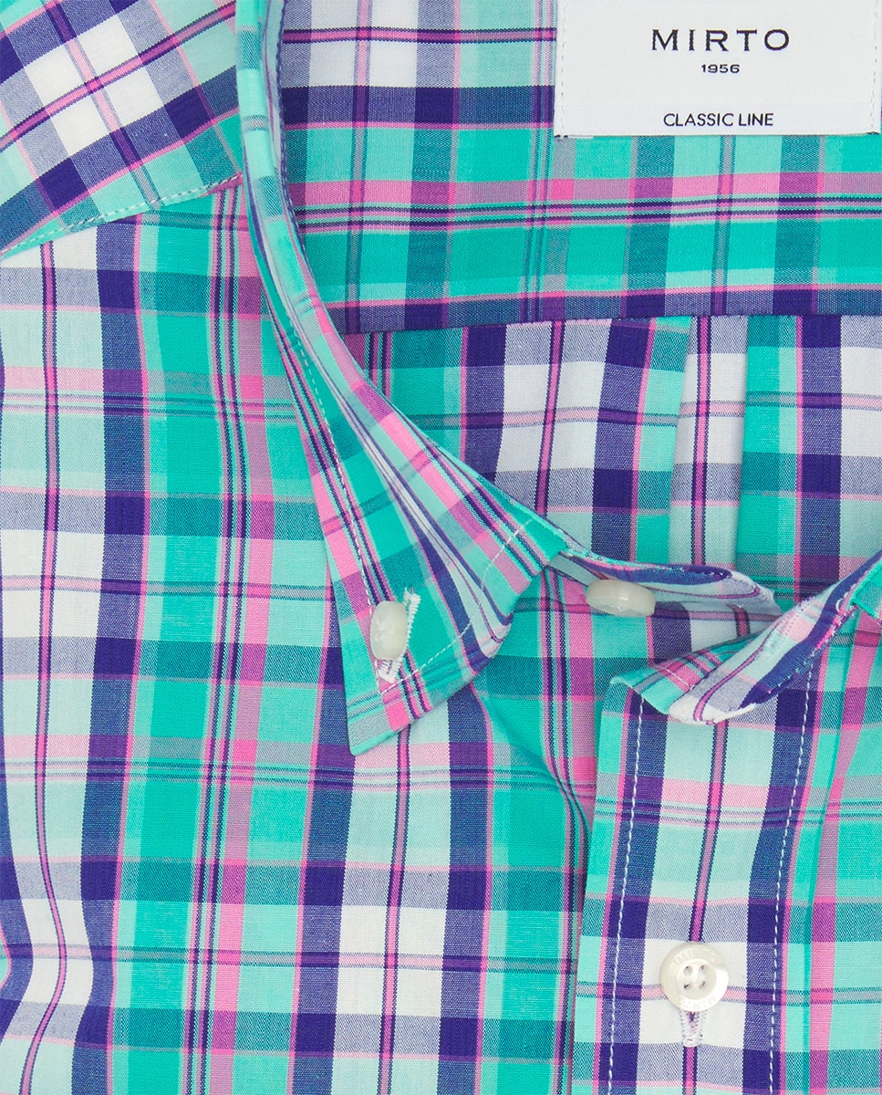 Camisa Casual de Manga Comprida aos Quadrados Azul-4