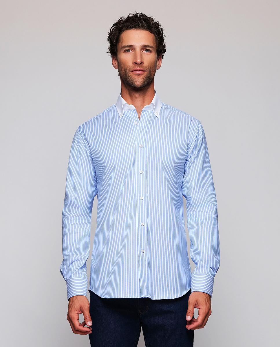 Camisa casual de hombre rayas cuello blanco con botones - Mirto - Azul claro Azul claro-1