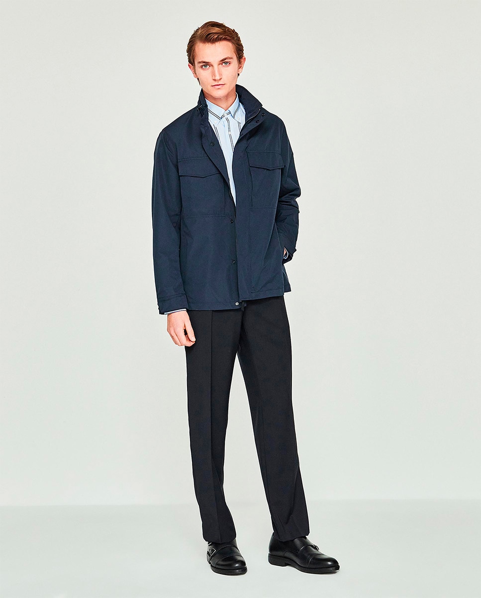 Calças Formais Regular Fit de Lã Lisas Azul-marinho-1