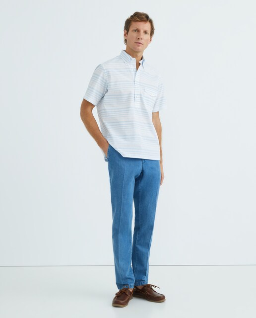 Imagem 0 de Calças Chino Regular Fit Lisas em Cetim de Algodão Stretch - Azul-Marinho