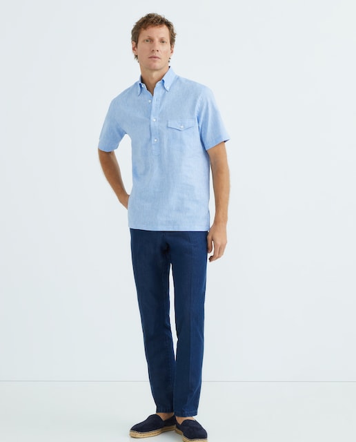 Imagem 0 de Calças Chino Regular Fit Lisas em Cetim de Algodão Stretch - Azul-Marinho