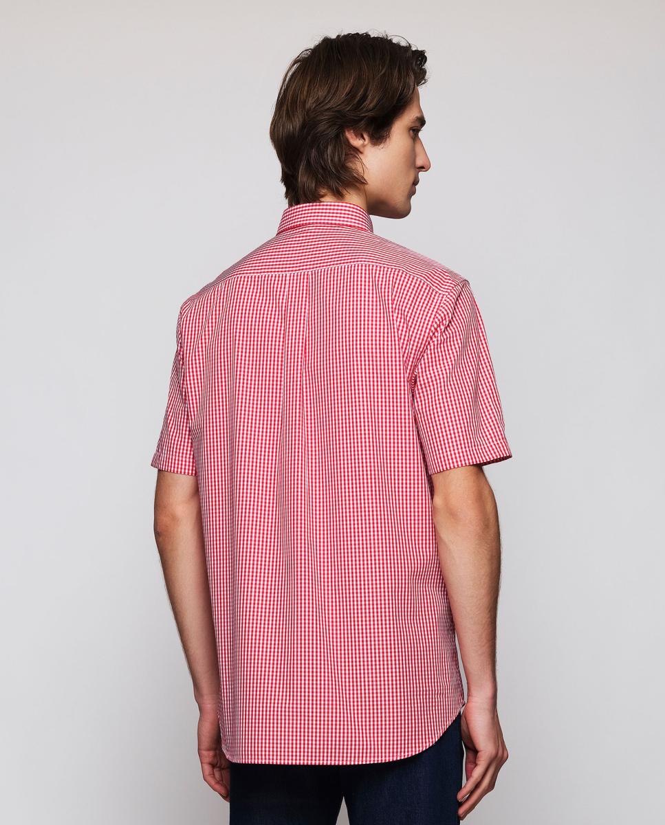 Camisa Casual de Manga Curta e aos Quadrados Vermelho-2