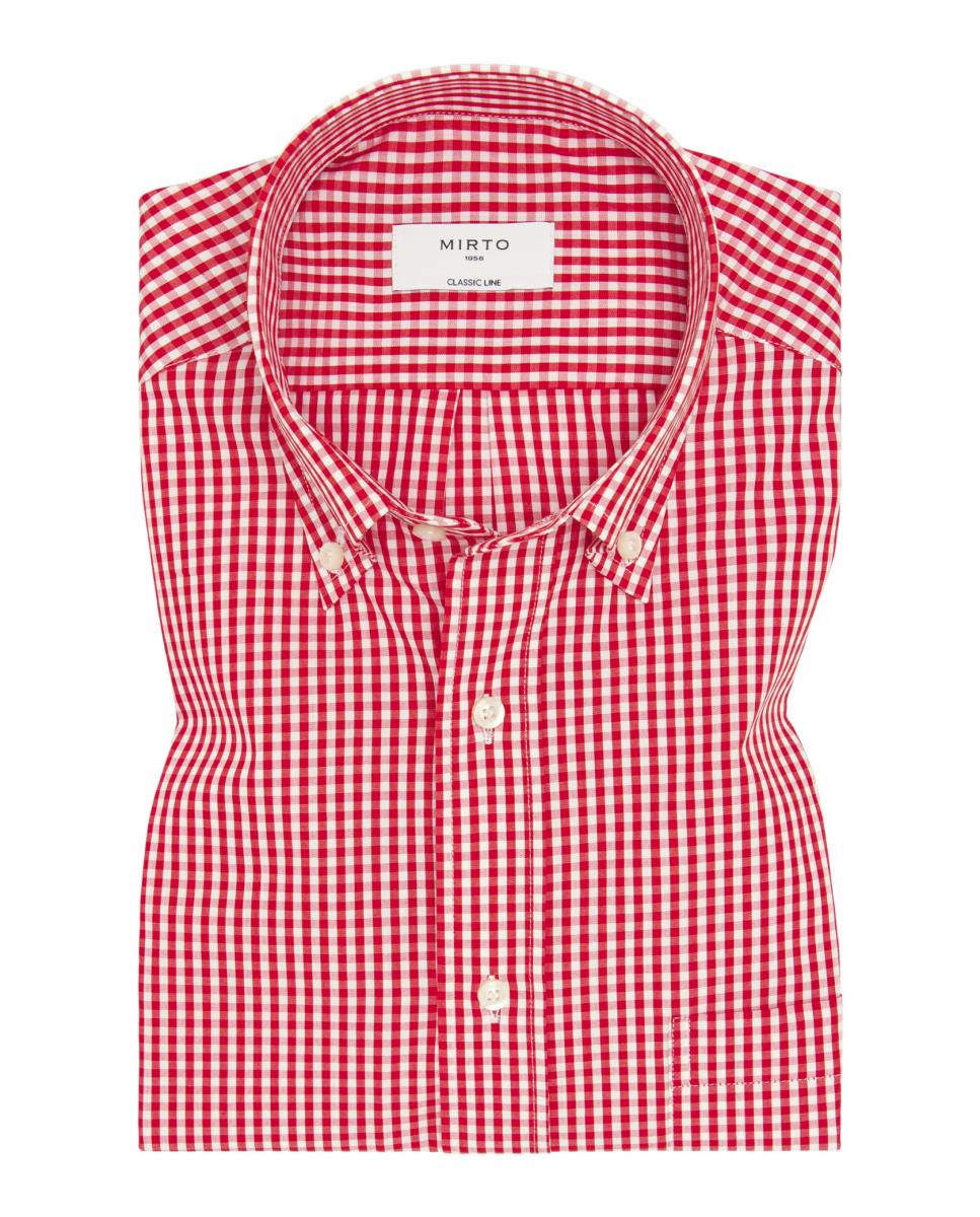 Camisa Casual de Manga Curta e aos Quadrados Vermelho-3