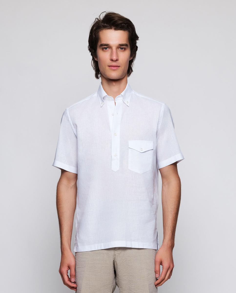 Camisa polera de manga corta con bolsillo de lino de hombre - Mirto - Blanco Blanco-1