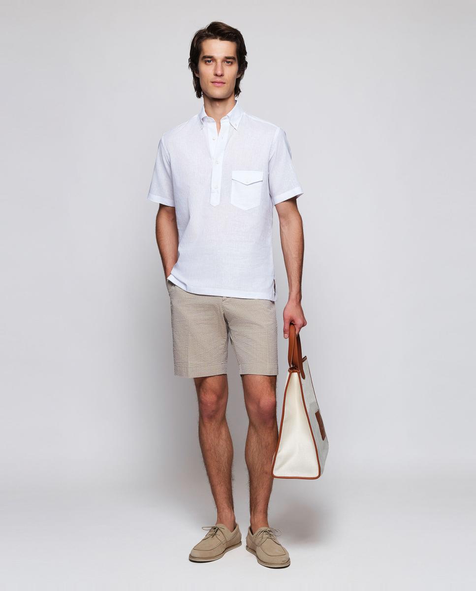 Camisa polera de manga corta con bolsillo de lino de hombre - Mirto - Blanco Blanco-5
