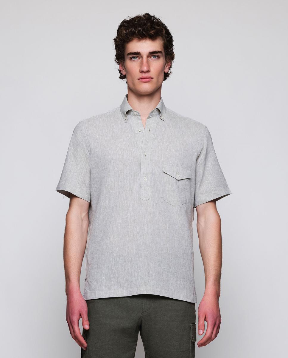 Camisa polera de manga corta con bolsillo de lino de hombre - Mirto - Kaki Kaki-1