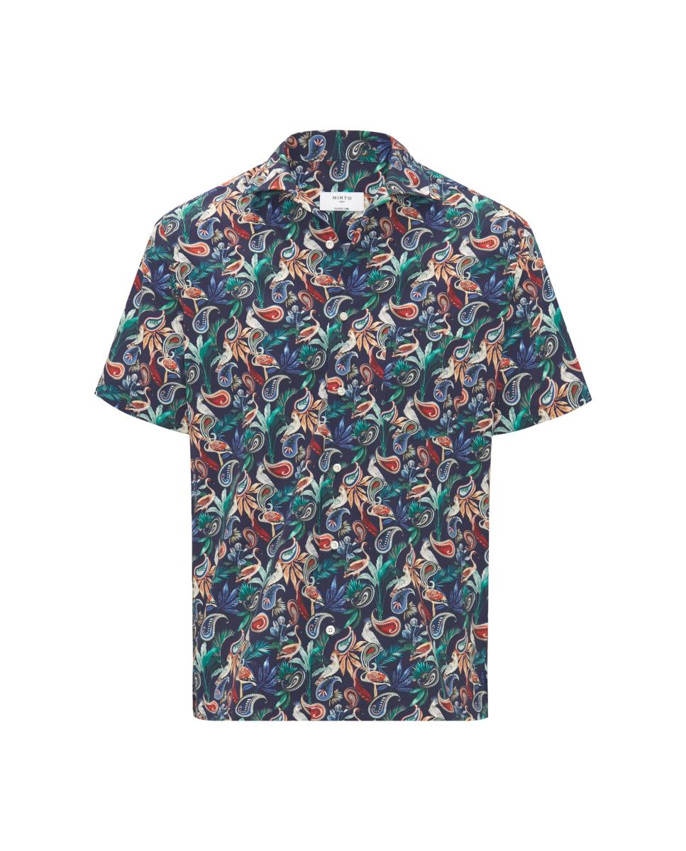 Camisa Havaiana Estampada com Manga Curta Azul-marinho-3