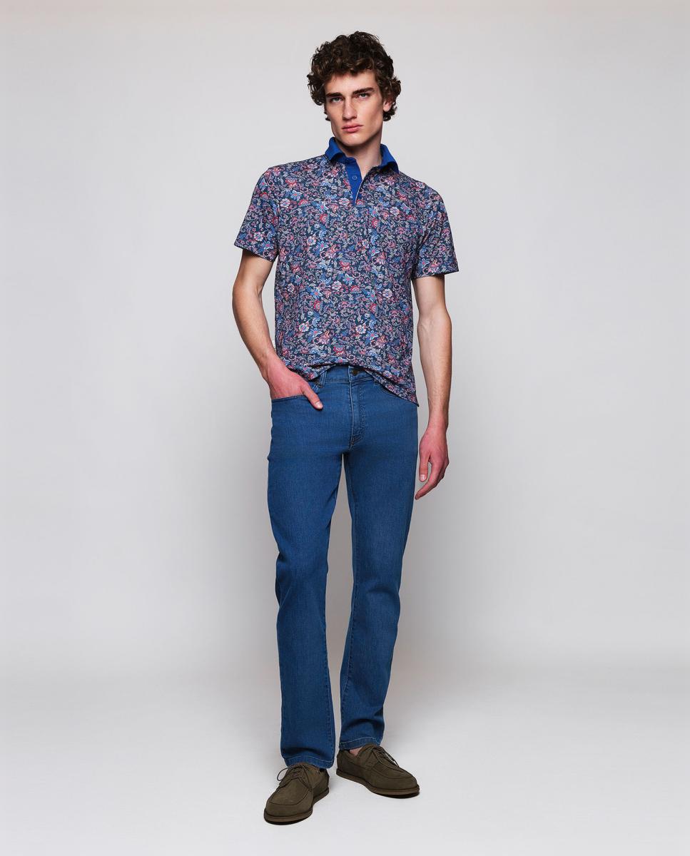 Polo de Manga Curta com Estampado Floral Azul-marinho-5