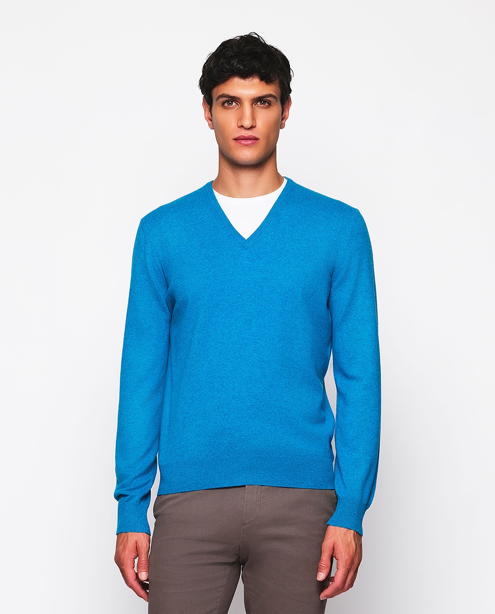 Camisola de Malha 100% Caxemira com Gola em Bico Azul-índigo-1