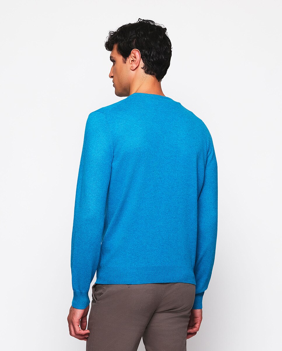 Camisola de Malha 100% Caxemira com Gola em Bico Azul-índigo-2