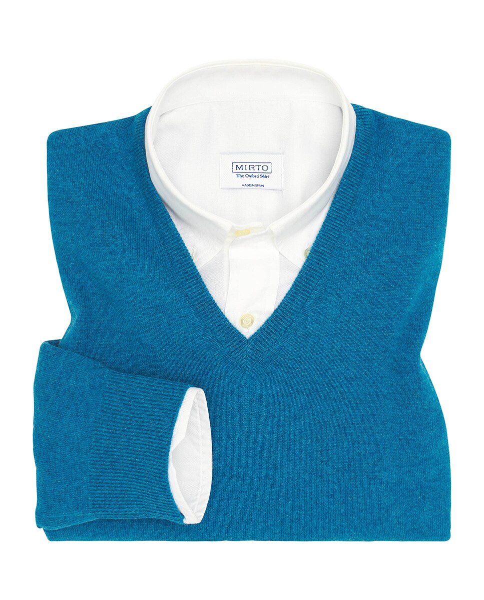 Camisola de Malha 100% Caxemira com Gola em Bico Azul-índigo-3