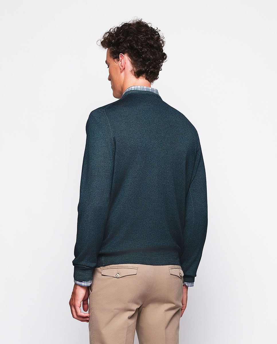 Jersey de hombre lana merino vintage cuello pico - Mirto - Verde oscuro Verde oscuro-2