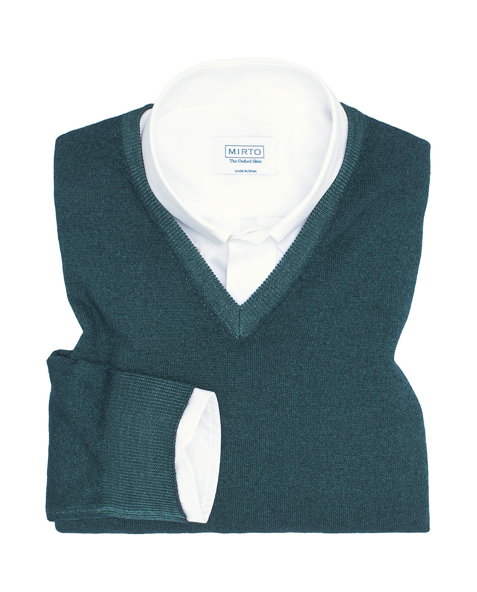 Jersey de hombre lana merino vintage cuello pico - Mirto - Verde oscuro Verde oscuro-3