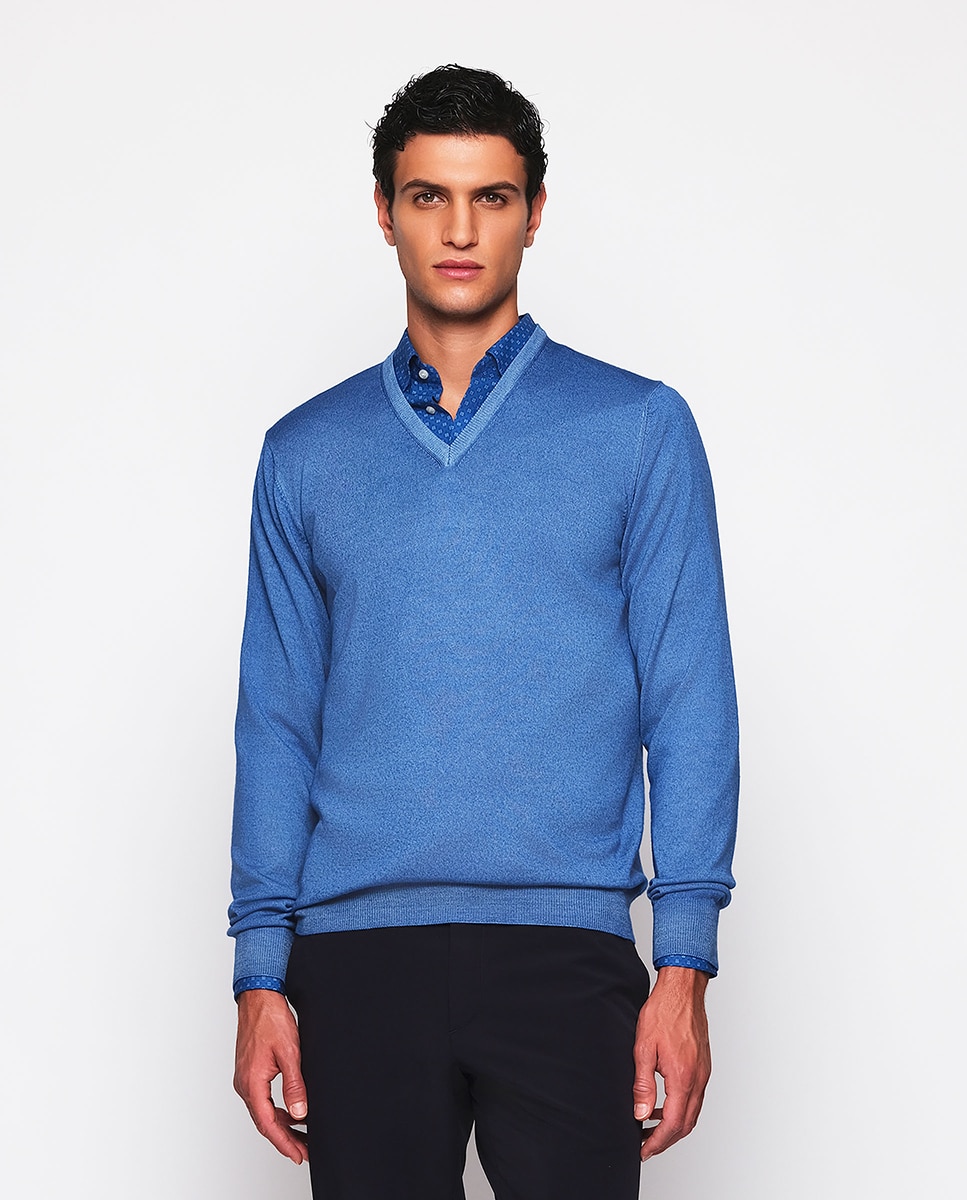 Camisola de Malha de Lã Merino Vintage com Gola em Bico Azul-1