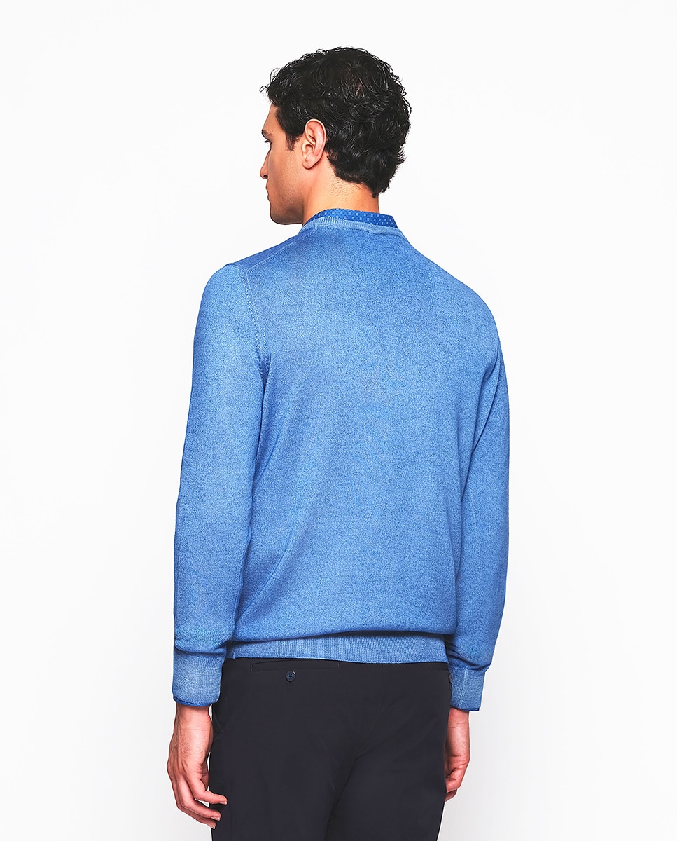 Camisola de Malha de Lã Merino Vintage com Gola em Bico Azul-2