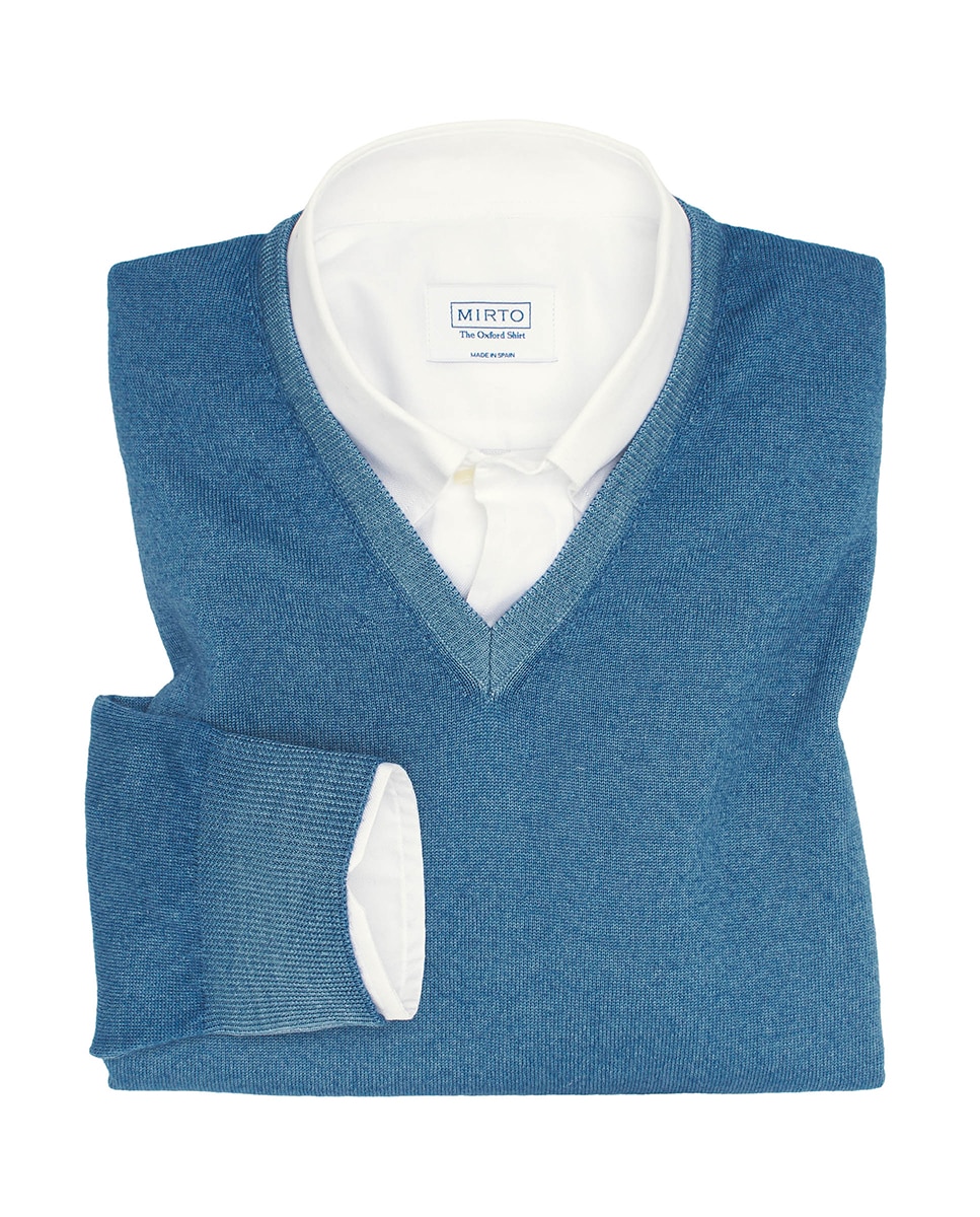 Camisola de Malha de Lã Merino Vintage com Gola em Bico Azul-3