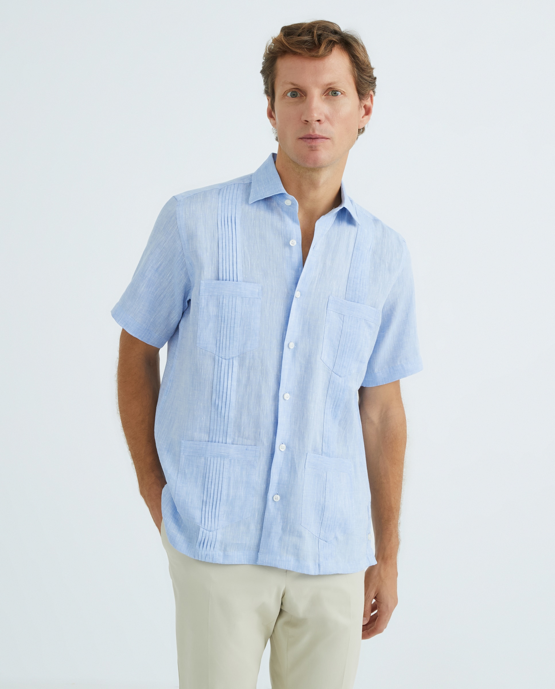 Mirto - Camisa guayabera de lino de hombre 4 bolsillos manga corta.