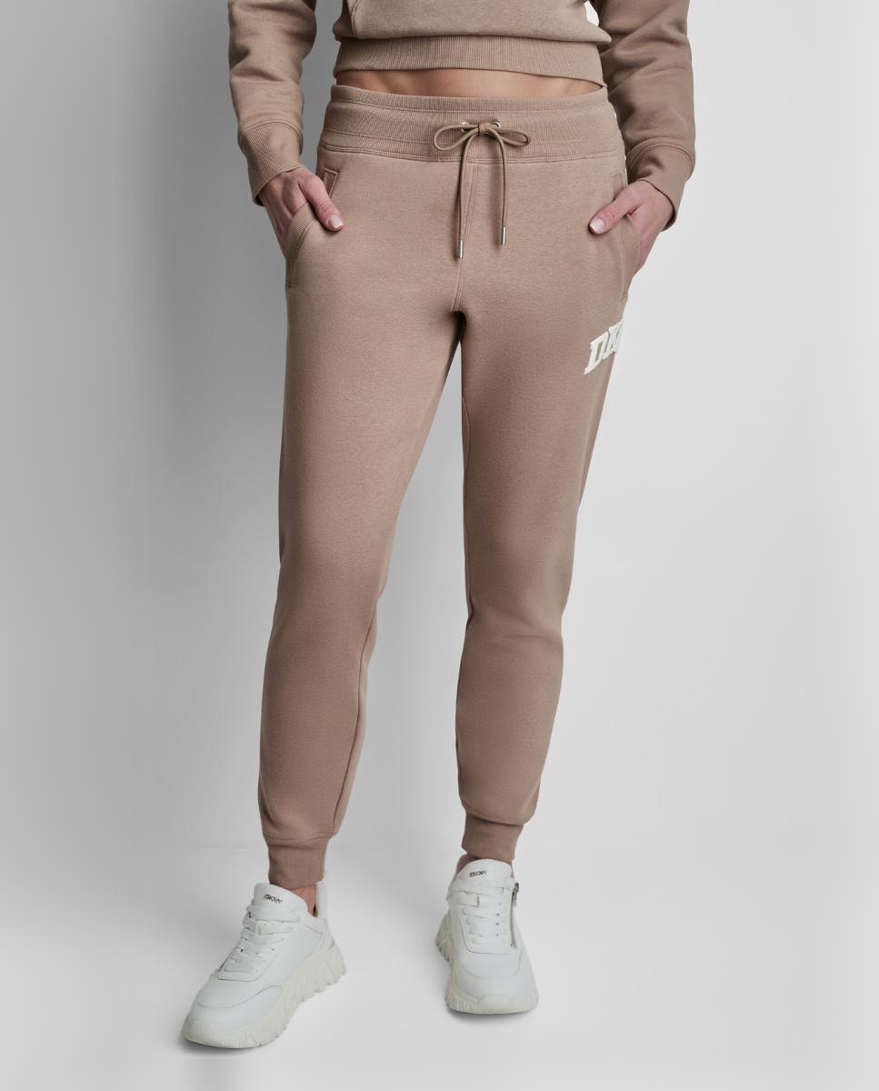 Calças Jogger com Punho e Detalhe de Logótipo Castanho-claro-3
