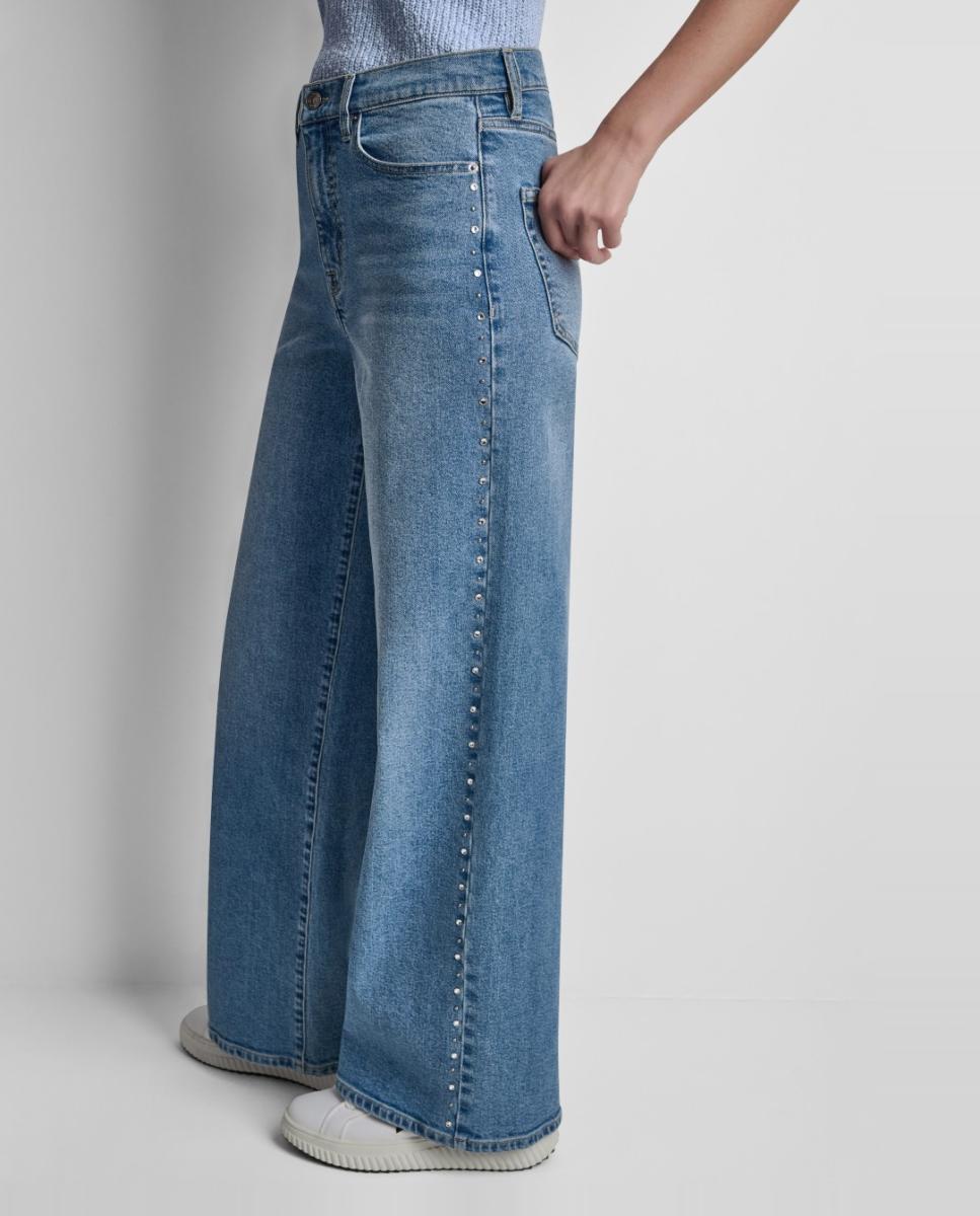 Jeans Straight com Fecho de Botão, Fecho de Correr e Detalhe de Tachas Azul-3