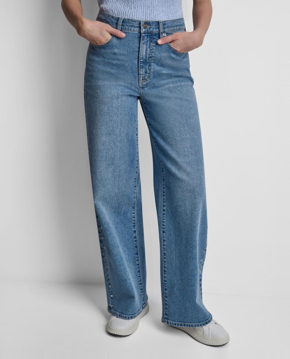 Jeans Straight com Fecho de Botão, Fecho de Correr e Detalhe de Tachas Azul-4