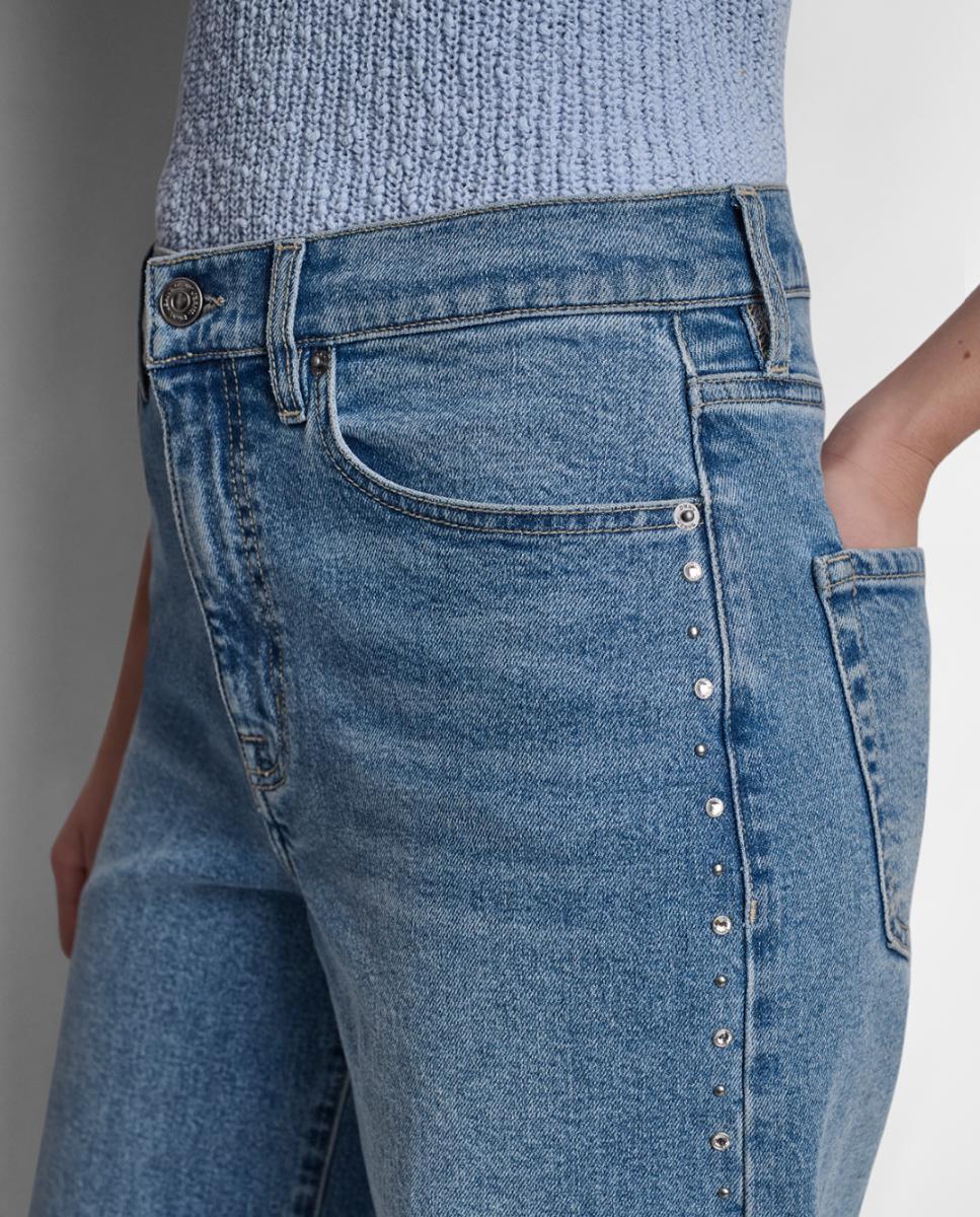 Jeans Straight com Fecho de Botão, Fecho de Correr e Detalhe de Tachas Azul-5