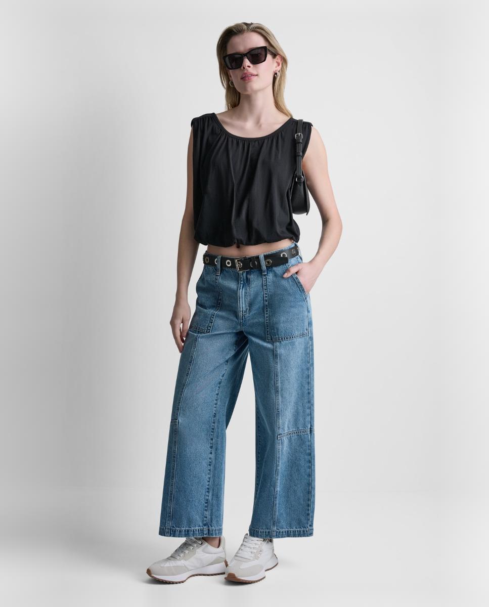 Imagem 0 de Jeans Straight pelo Tornozelo com Cintura Média e Fecho de Botão e Fecho de Correr