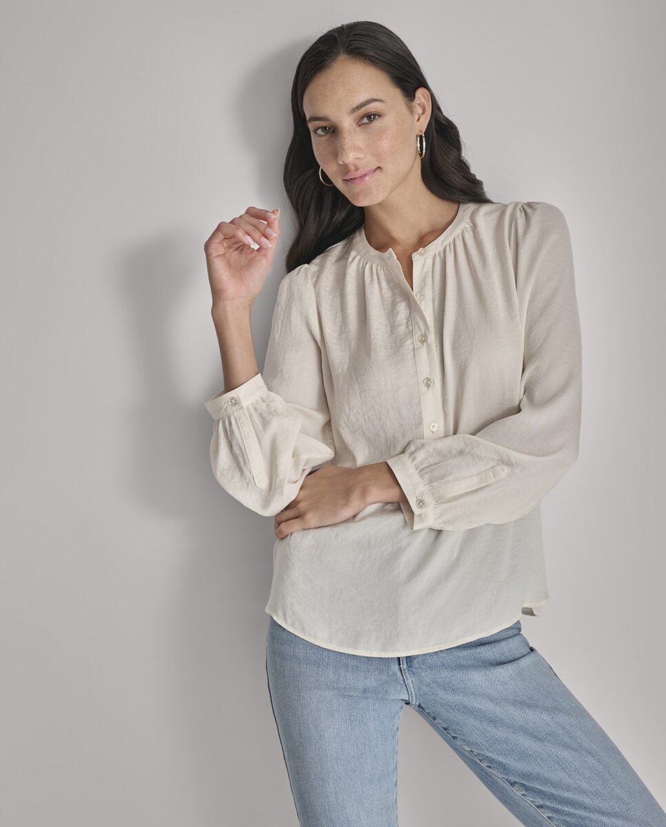 Blusa com decote redondo e manga comprida Creme-1