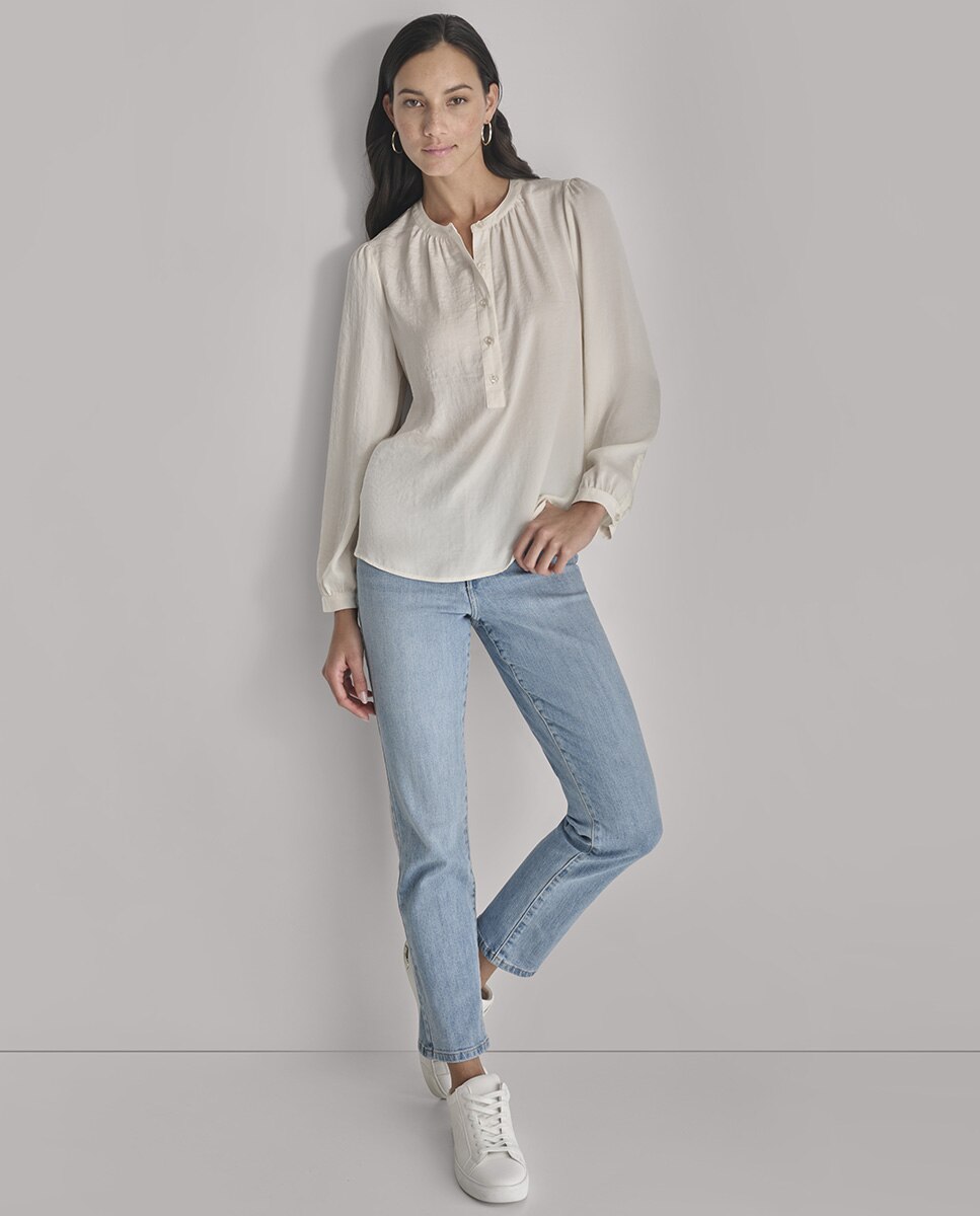 Blusa com decote redondo e manga comprida Creme-5