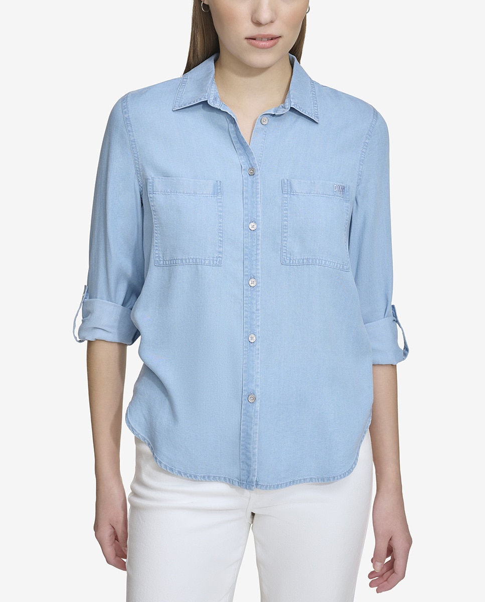 Camisa de Manga Comprida com Bolsos e Botões à Vista à Frente Azul-claro-1