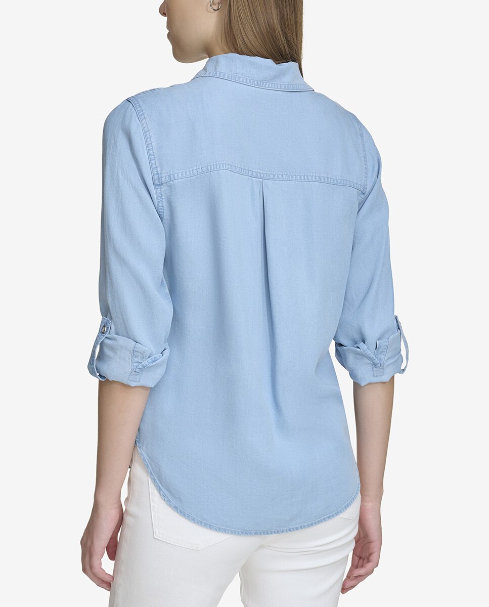 Camisa de Manga Comprida com Bolsos e Botões à Vista à Frente Azul-claro-2