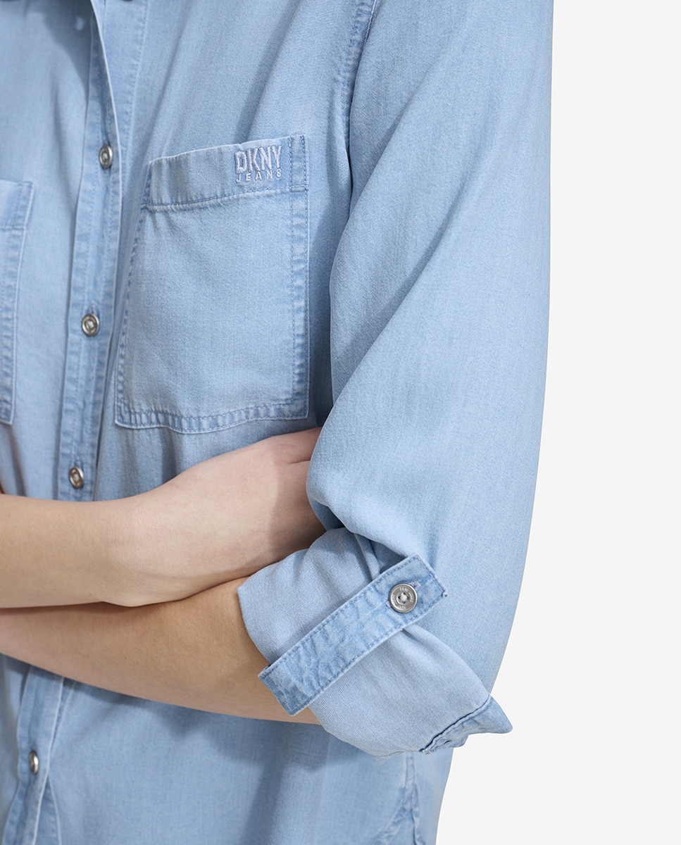 Camisa de Manga Comprida com Bolsos e Botões à Vista à Frente Azul-claro-3