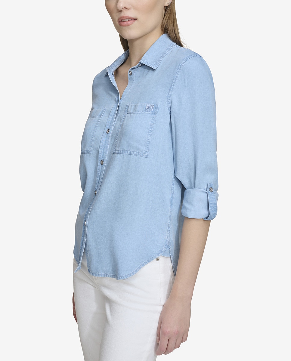 Camisa de Manga Comprida com Bolsos e Botões à Vista à Frente Azul-claro-4