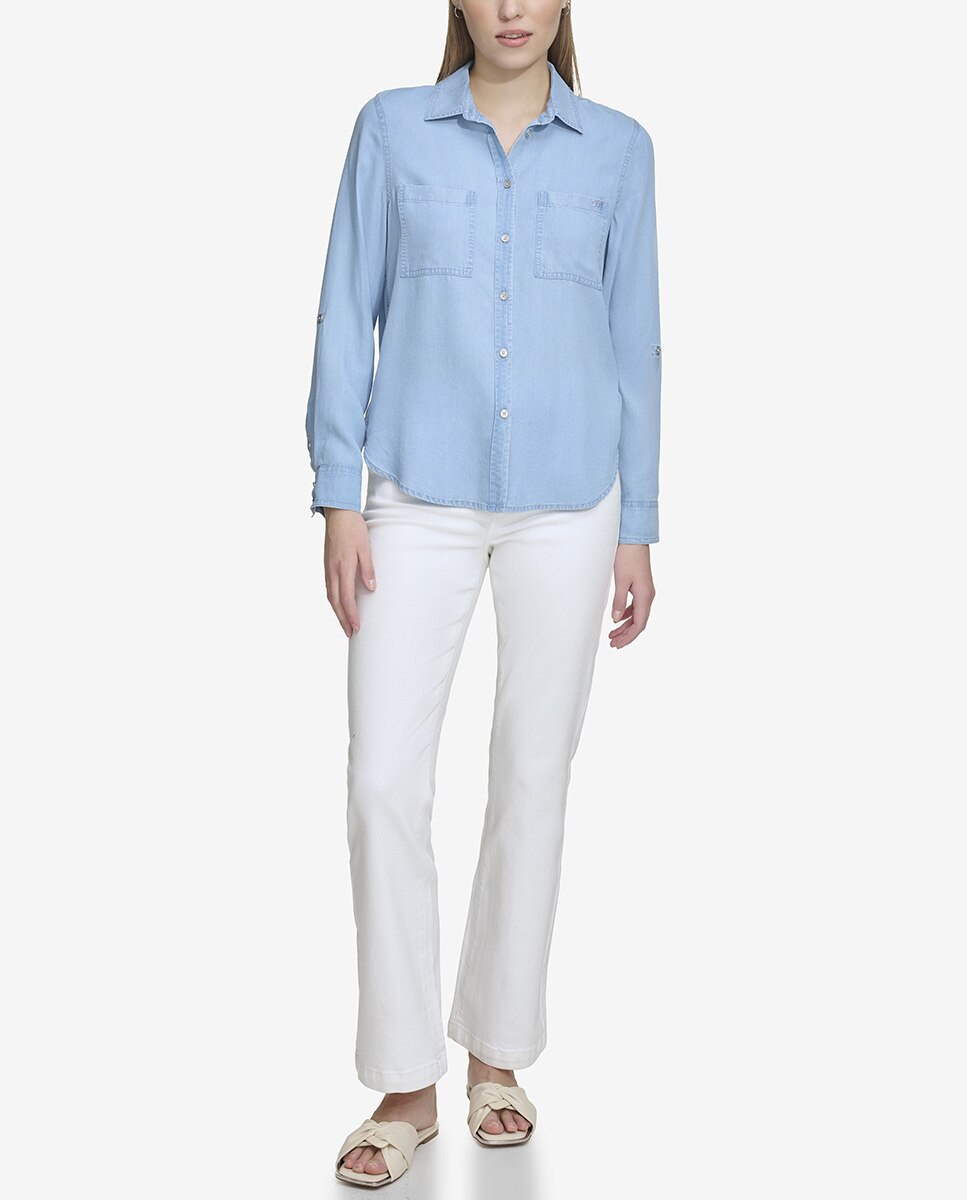 Camisa de Manga Comprida com Bolsos e Botões à Vista à Frente Azul-claro-5