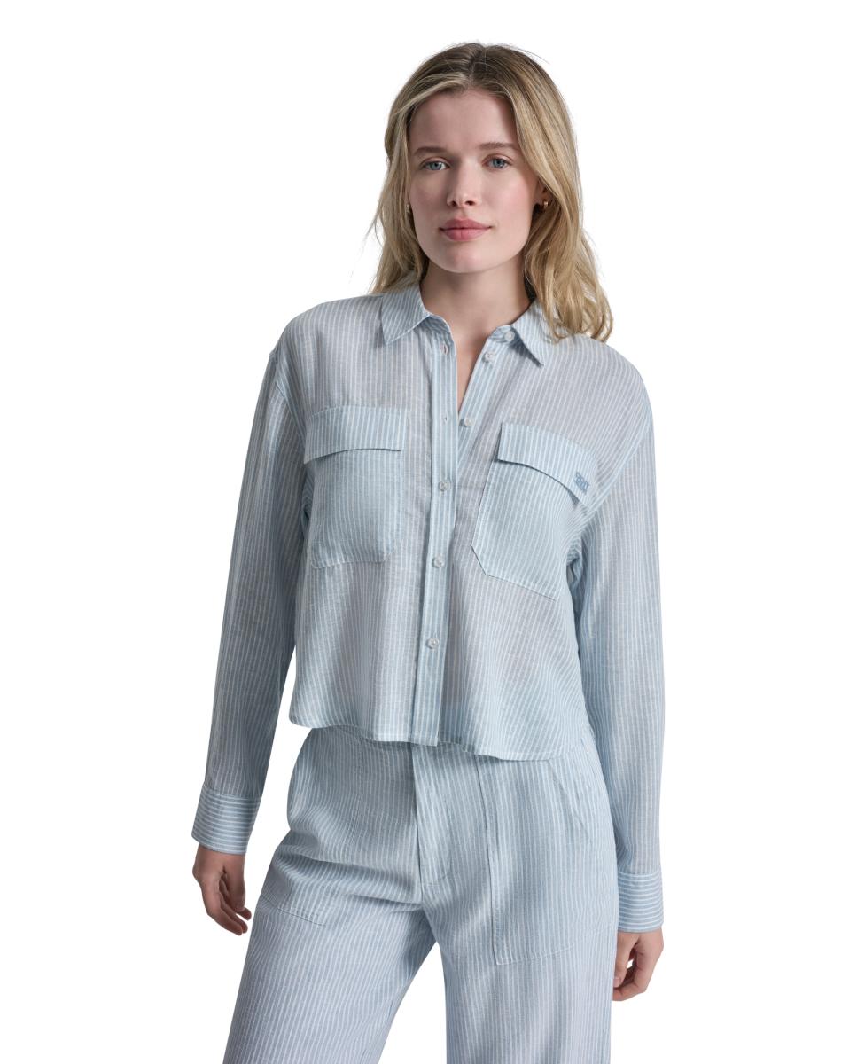 Camisa com Bolsos à Frente Azul-1