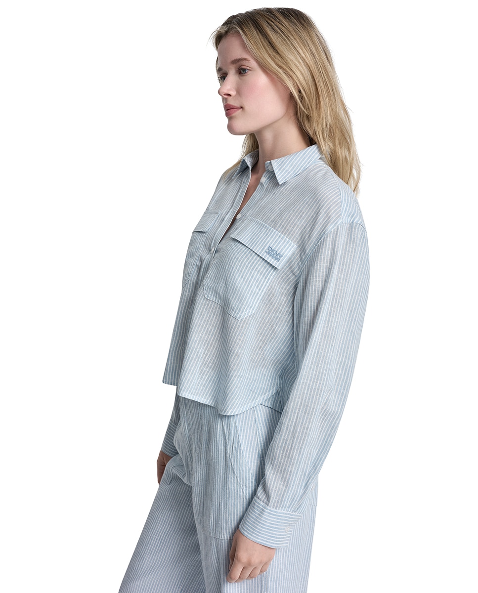 Camisa com Bolsos à Frente Azul-5
